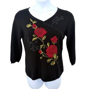 EMMA & JAMES BY LIZ CLAIBORNE BLACK BEADED FLORAL EMBROIDERED V-NECK SWEATER - M